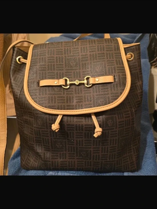 Anne Klein Flap Horsebit Logo Backpack, Cream-Brown/Saddle