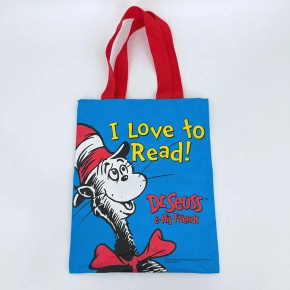 Dr. Seuss I Love To Read Book Bag Vintage Tote Blue with Red Handles