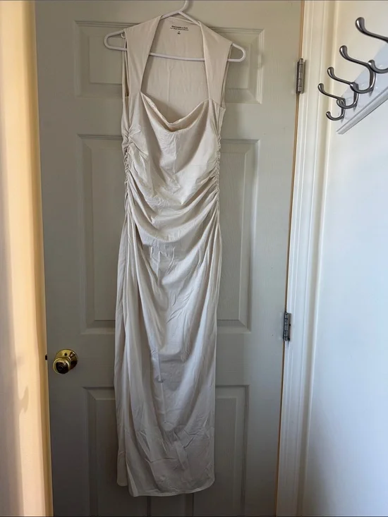 Abercrombie & Fitch Cream Ruched Cowl Neck Maxi Dress