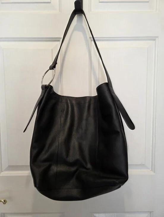 Black Leather Shoulder Bag with Silver Ring Detail, NorthStyle