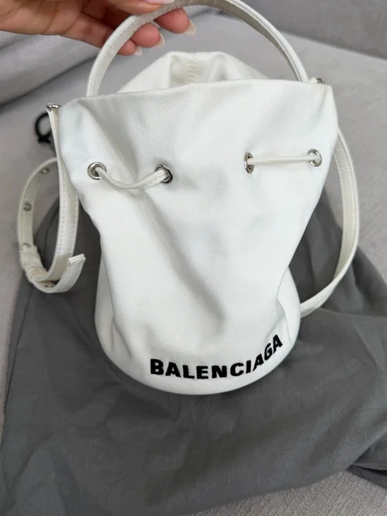Balenciaga White Canvas Drawstring Bucket Bag with Black Logo