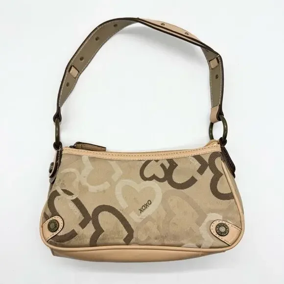 Vintage Y2K XOXO Hearts Canvas Baguette Shoulder Bag Tan Signature Girly Grunge