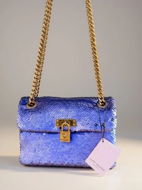 Kurt Geiger London Blue/Purple Sequin Mini Brixton Shoulder Bag with Gold Chain