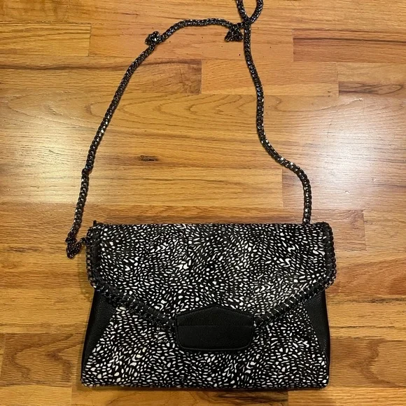 SANDRA ROBERTS Calf Hair Black and White Envelope Purse Chain Strap