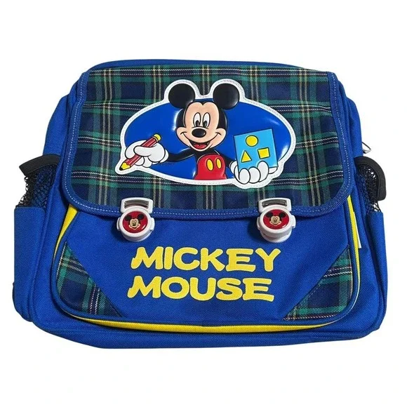 Disney Mickey Mouse Laptop Backpack Blue Green Plaid Adjustable Straps