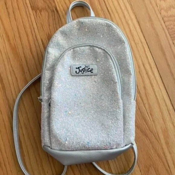JUSTICE girls white sparkly backpack