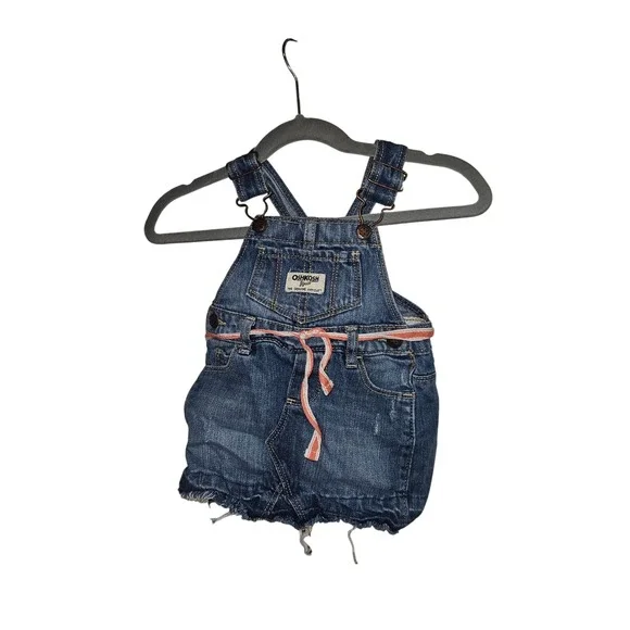 OshKosh B'gosh Baby Girls Blue Denim Overall Jumper Dress 9M Frayed‎ Hem B