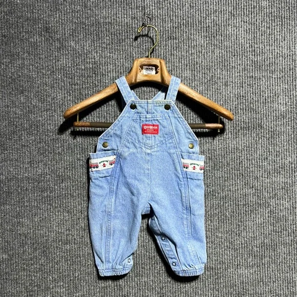 Vintage OshKosh B Gosh Overalls Kids 12-18M Blue Fire Truck Denim Bib USA Made