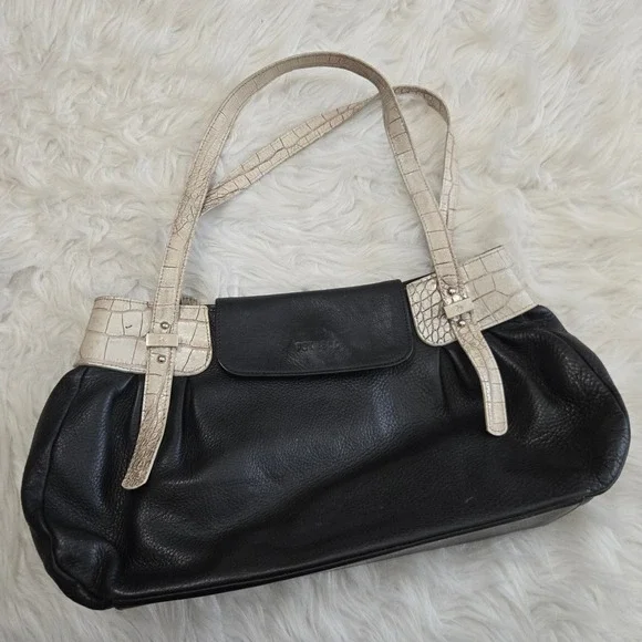 Petusco Spain Black Pebbled Leather Shoulder Bag Cream Croc Trim Made in Spain