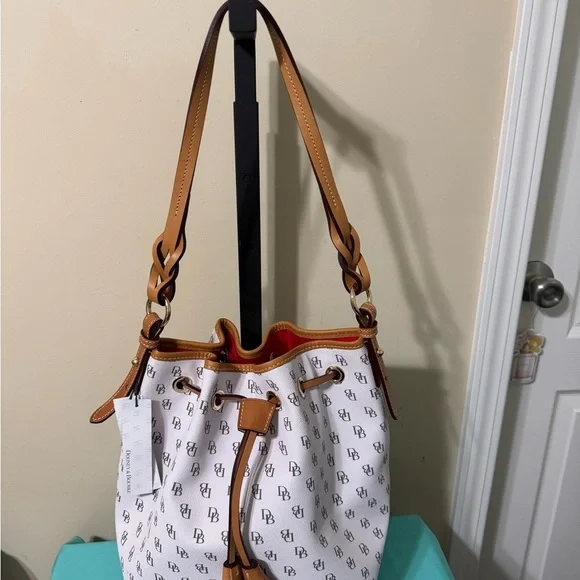 Dooney & Bourke White and Tan Drawstring Bag