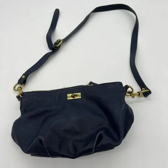 J Crew Blue pebbled Leather Shoulder Bag Adjustable Strap turn lock
