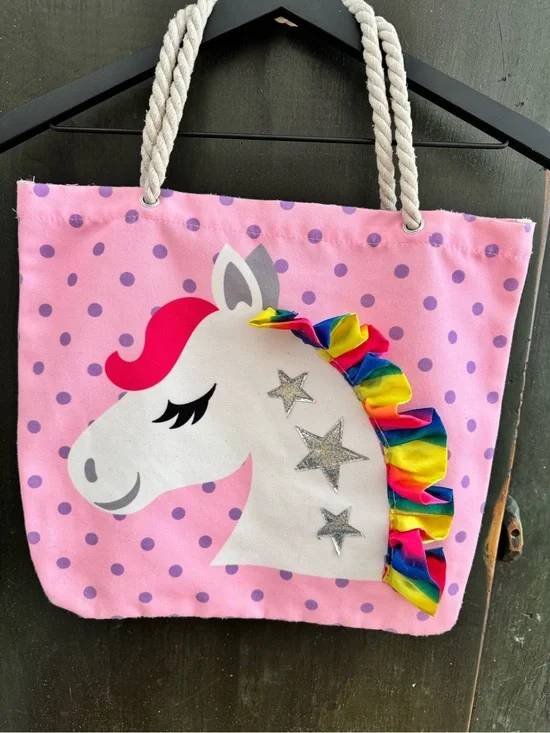 Vintage Girls Limited Too Pink Unicorn Tote Bag Rainbow Ruffle Mane & Polka Dots