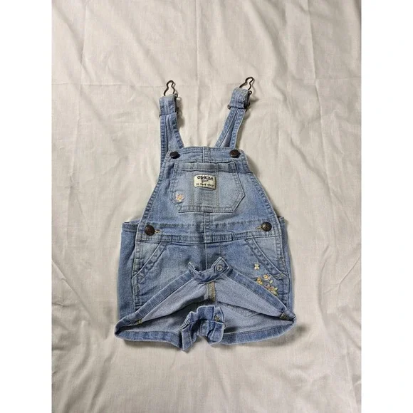 OshKosh B'gosh Shortalls Baby Girls 12 Months Blue Denim Snap Crotch Floral