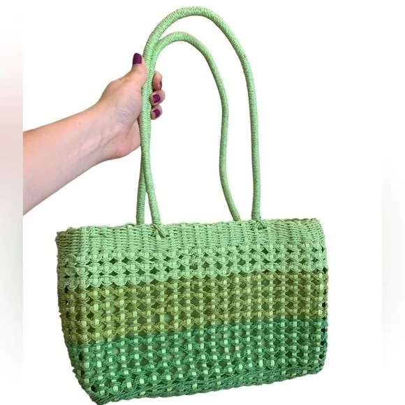 Green Striped Straw Bag