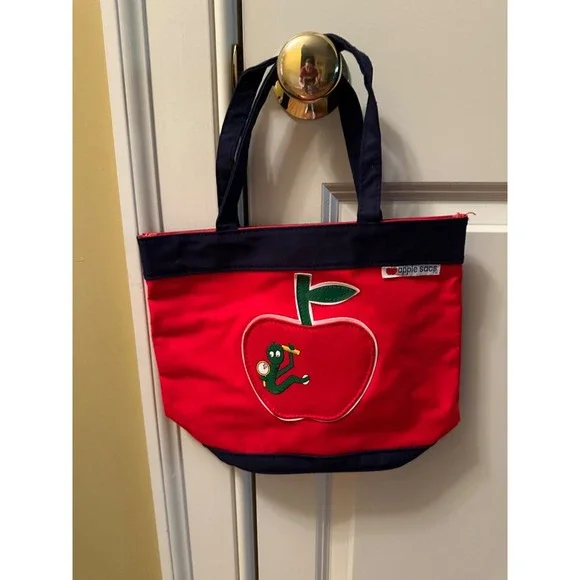 Vintage Apple Sacs Kids Red Canvas‎ Tote Bag Apple Worm Graphic School Book Bag