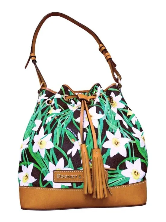 Dooney & Bourke Daffodil Tassel Drawstring Bucket Bag Purse Floral Leather Trim
