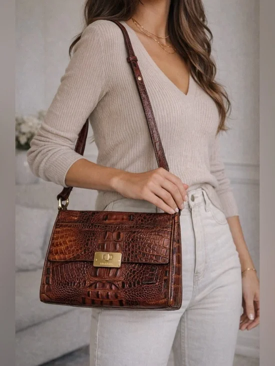 BRAHMIN Cognac Croc Embossed Leather Shoulder Bag Gold Hardware Textured Luxe
