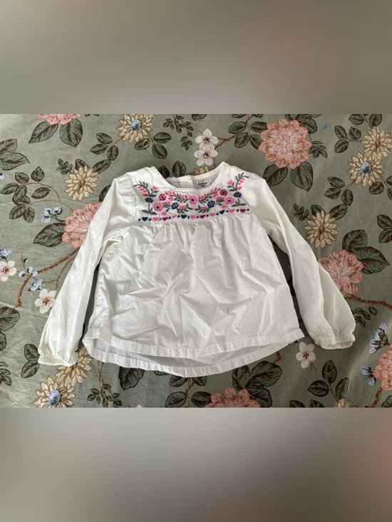 OshKosh B'gosh White Long-Sleeve Blouse with Pink & Blue Floral Embroidery