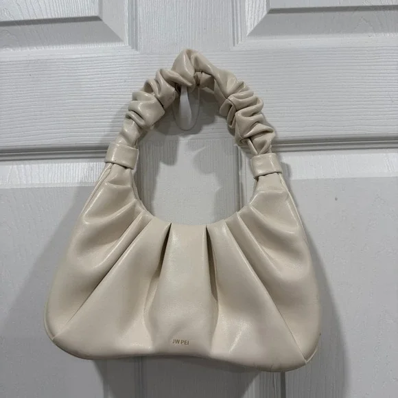 JW Pei Cream Ruched Shoulder‎ Bag Faux Leather Trendy Handbag
