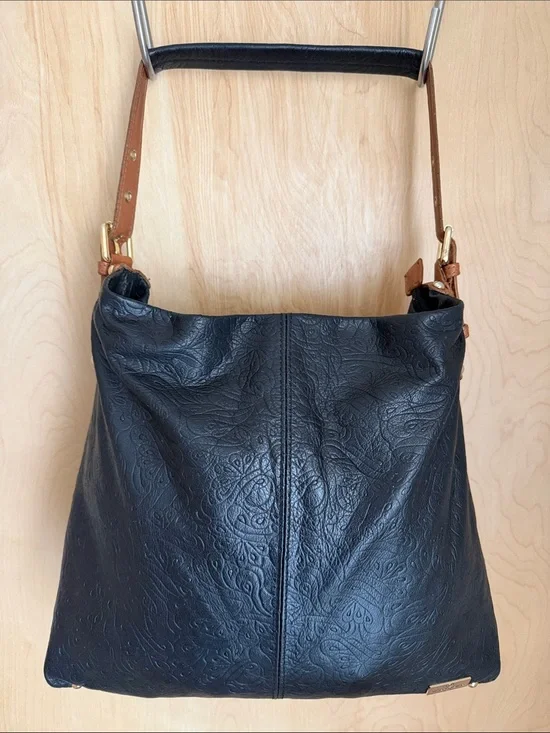 Vittoria Veneta Black Floral Embossed Leather hobo bag Brown Strap made in Italy