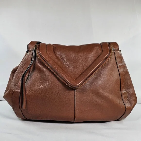 Vince Camuto Lenka Cognac Brown Pebbled‎ Leather V-Flap Shoulder Bag Hobo Purse
