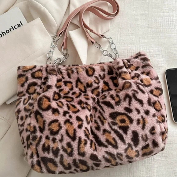 Pink Chic Faux Fur Leopard Shoulder Bag