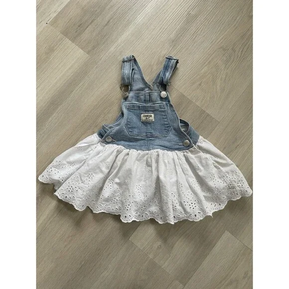 OshKosh B'gosh Girls 2T Denim Overall Dress Blue/White Eyelet Button Farmcore