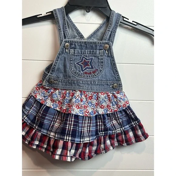 OshKosh B'gosh Vestbak Bib Overall Jumper Dress Tiered - 18M - Red/White/Blue