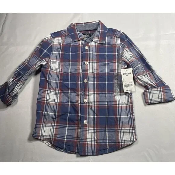 OshKosh B'Gosh Boys Button-Up Shirt Long Sleeve Red/Grey‎ Plaid Size 4T NWT
