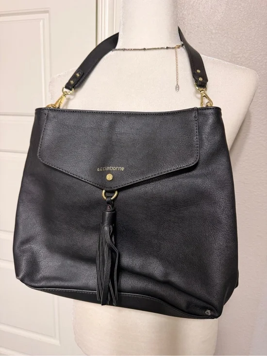 Liz Claiborne Vintage Black Shoulder Bag with Tassel and Gold Hardware