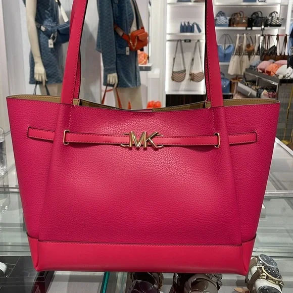 MICHAEL KORS Reed Large Logo Belted Shoulder Tote Bag Electric Pink