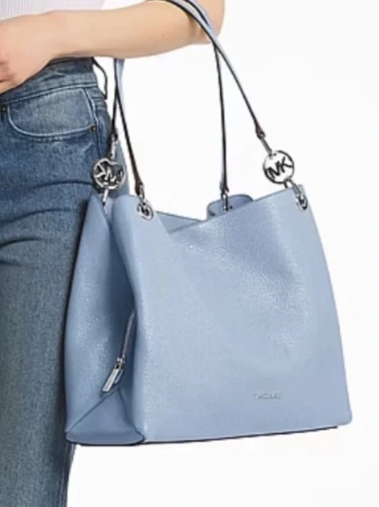 Michael Kors Christina Large Pebbled Leather Shoulder Tote Bag Pale Ocean NWT