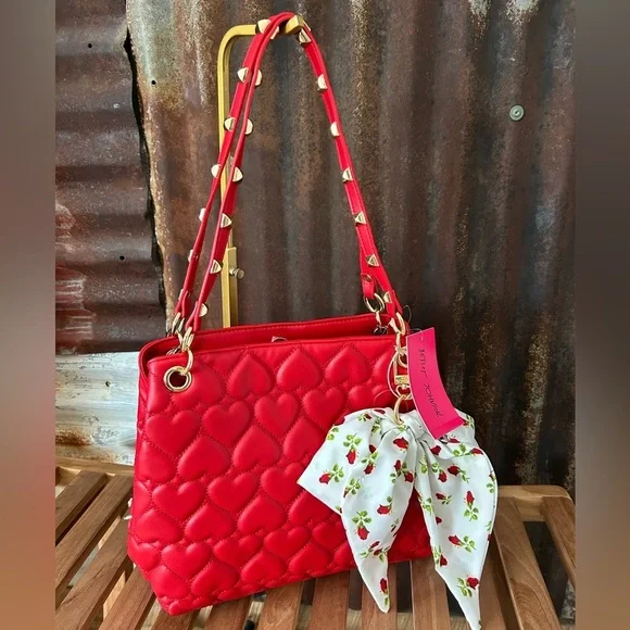 NWT-BESTY JOHNSON Red Quilted Heart Shoulder Bag Studded Straps