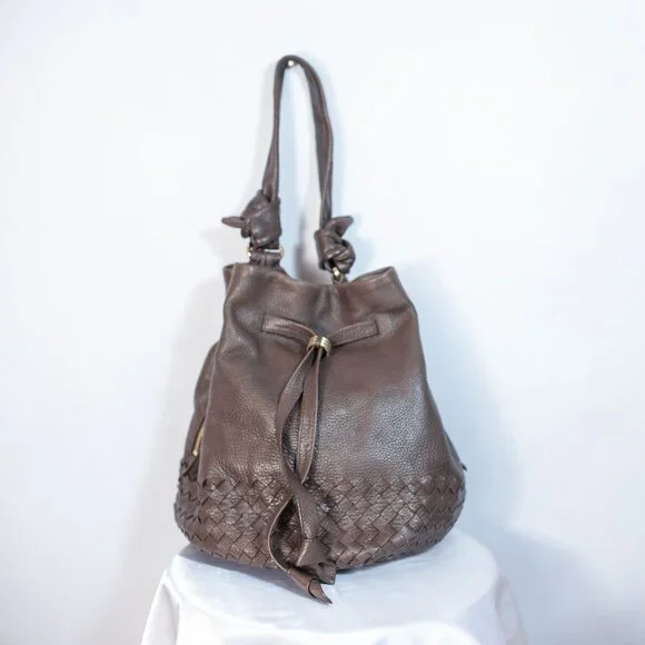 Elliott Lucca Cow Leather Drawstring Bucket Shoulder Bag Woven Accent Brown