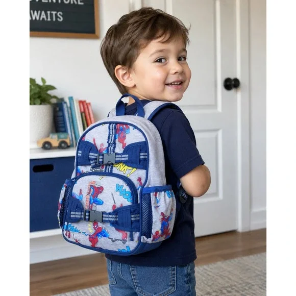 Pottery Barn Kids Backpack Spider-Man Comic Print Gray Blue Buckle Straps Small