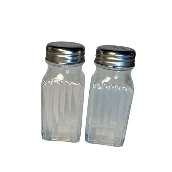 Vintage SQUARE Ribbed Clear Glass SALT and PEPPER Shaker Set - With Metal Lids