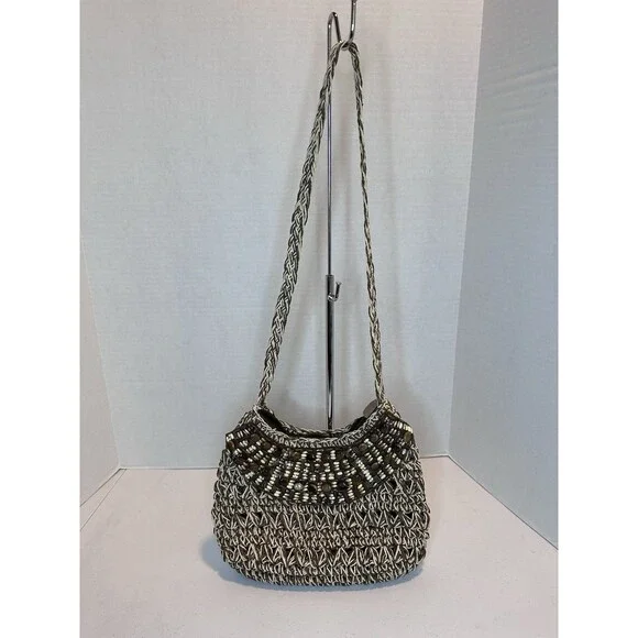 Vintage Sun N San Brown 1986 woven macramé beaded bohemian BoHo‎ shoulder bag