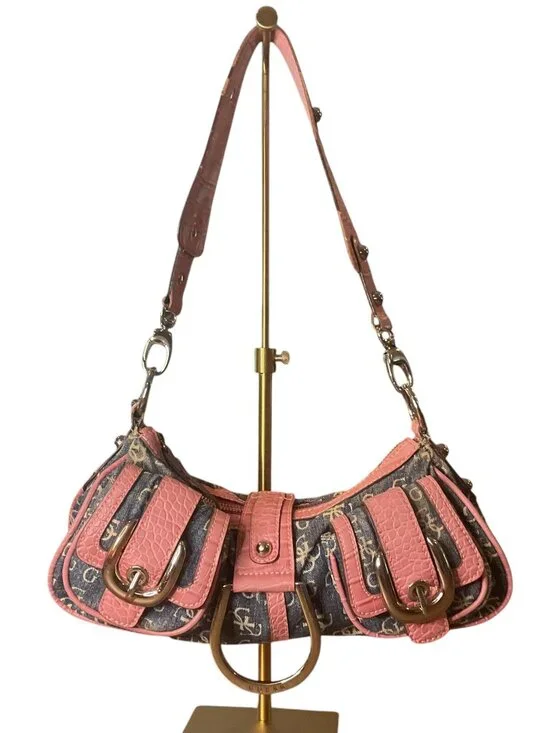Vintage Guess Denim and Pink Snakeskin Baguette Shoulder Bag Y2K Aesthetic RARE