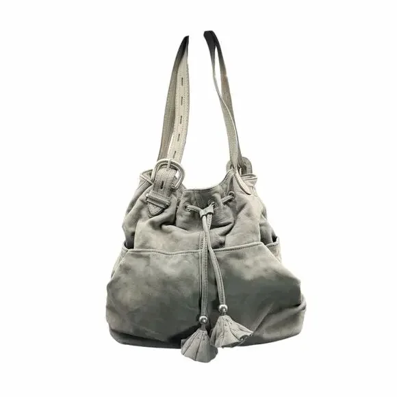 Ann Taylor LOFT Gray Leather Drawstring Shoulder Bag Tassel Slouchy Tote