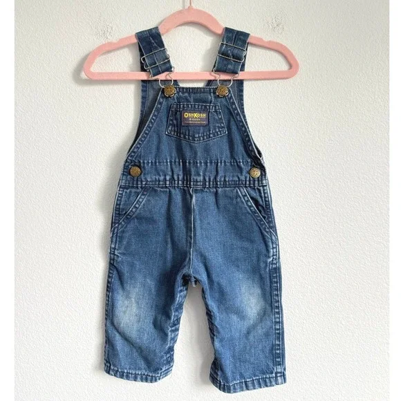 OshKosh B'gosh Denim Overalls 12M Blue Cherry Print Vestbak Vintage Style Bibs