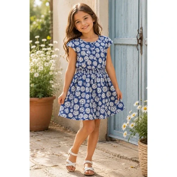 OshKosh B'gosh Girls Blue Daisy Floral Dress Cotton Smocked Waist Size 6X