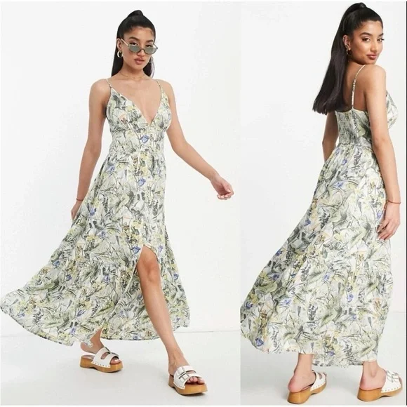 Abercrombie & Fitch plunge maxi Linen Blend dress in tropical print Large