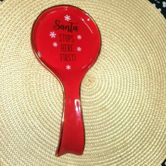 Christmas Spoon Rest Red Gold Ceramic 