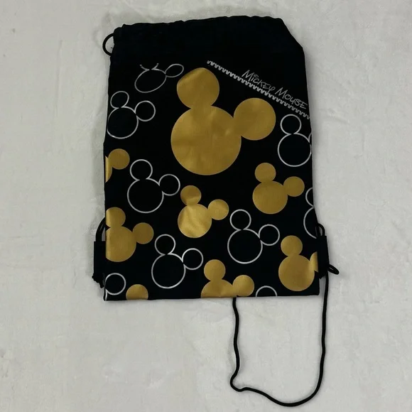 Disney Black Good & White Mickey Mouse Ear Pattern Drawstring Bag ~14” x 10” NWT