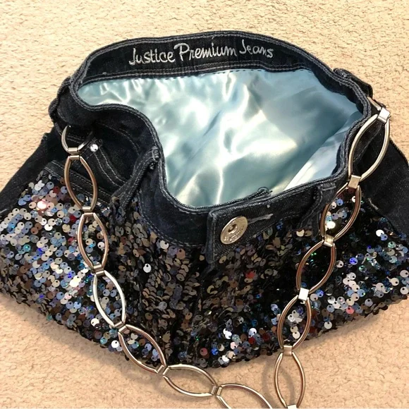 Justice Blue Denim Metallic Sequin Shoulder Purse Bag