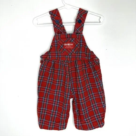 OshKosh Bgosh Overalls Baby Girl 6-9M Vintage Red Plaid Vestpak Cotton 90s USA
