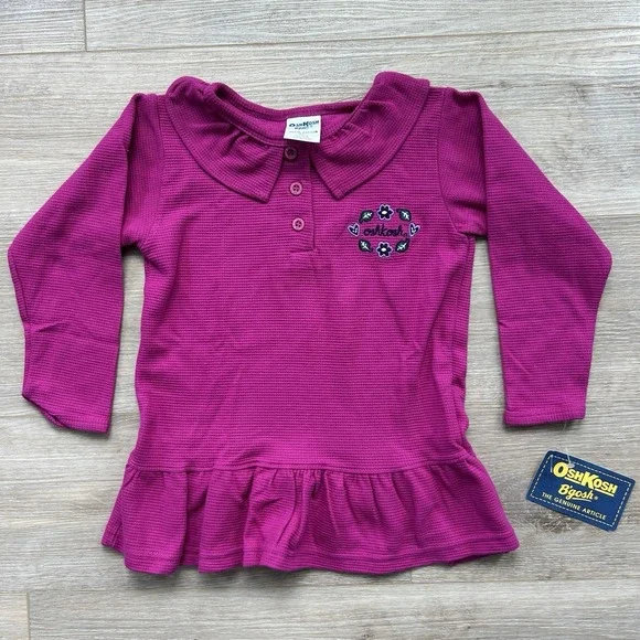 NWT Vintage Oshkosh B'gosh 4T Fuscia Flower Embroidered Thermal Ruffle Top USA