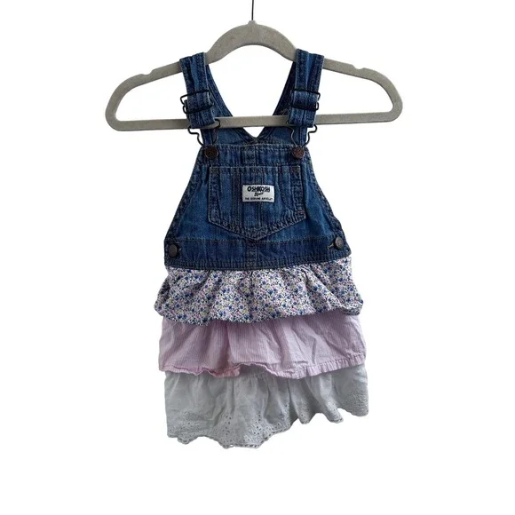 OshKosh B'gosh Denim Jumper Dress 18M Blue Pink Floral Tiered Ruffle Baby Girl