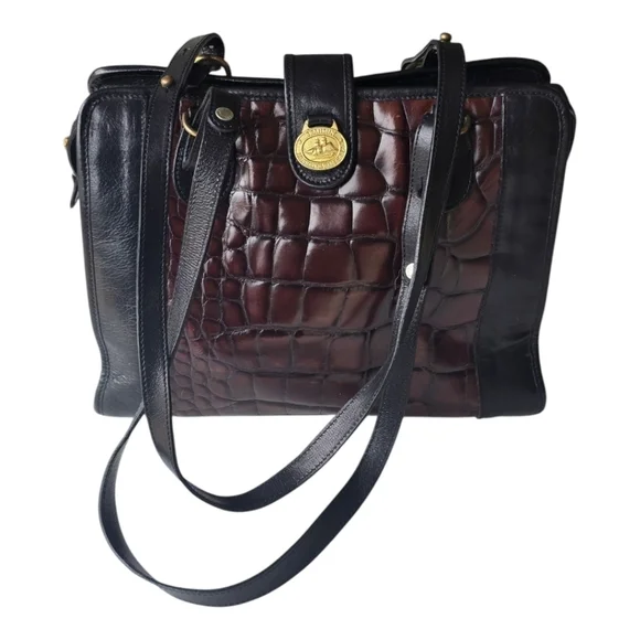 VTG Brahmin Tote Leather Handbag Women Crocodile Print Brown Black Rare