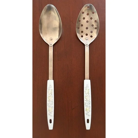 Vintage Serving Spoons Stainless Steel 12in Peppers Mushrooms Onions Cottagecore